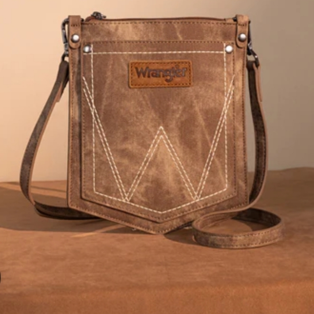 Wrangler "W" Stitch Water‎ Repellent Brown Denim Pocket Crossbody bag new